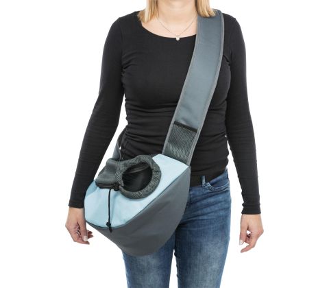 Sling front taske, 50 × 25 × 18 cm, lysegrå/lyseblå