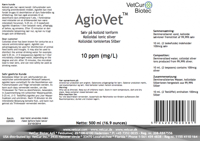 lommeregner Overskæg foran AgioVet/sølvvand 500 ml. - til desinfektion af dyrs foderskåle og  drikketrug, samt i drikkevandet